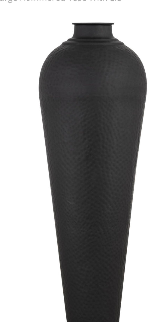 Matt Black Large Hammered Vase With Lid